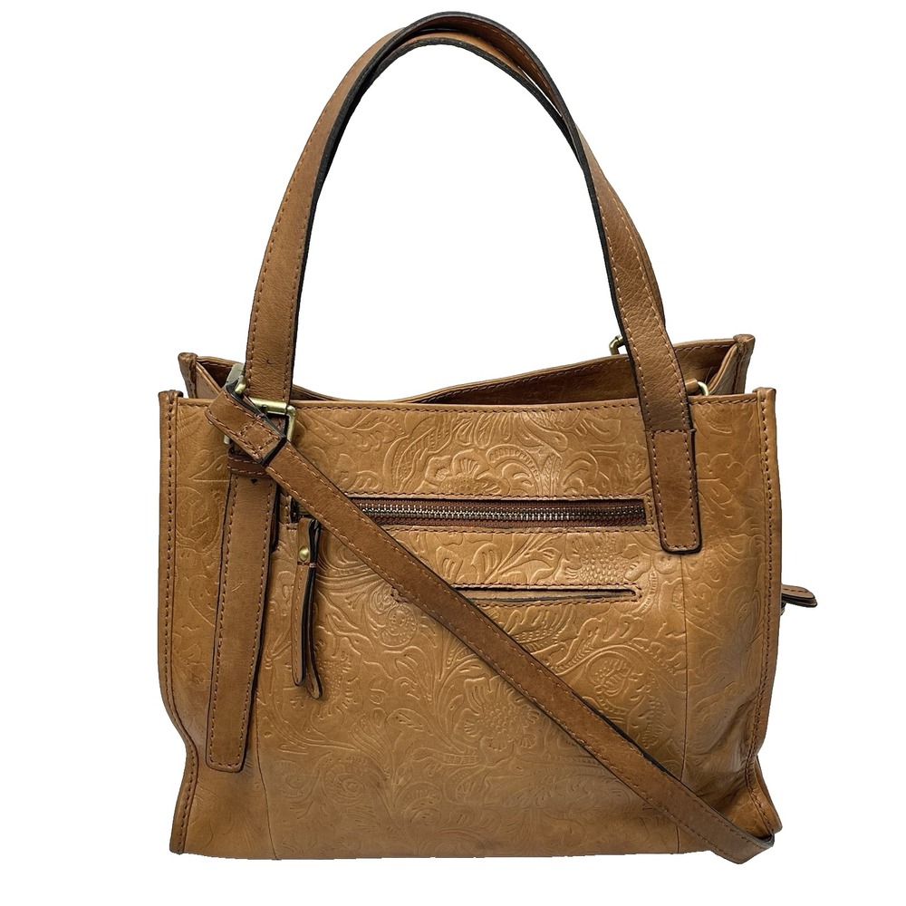 Tan Embossed Leather Tote Bag with Crossbody Strap